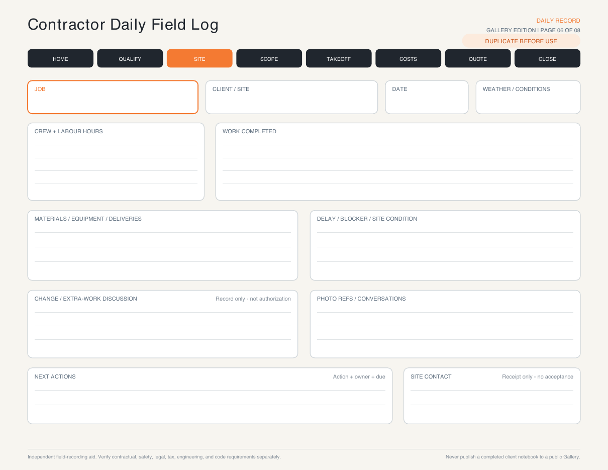 Contractor Daily Field Log with large areas for labour, completed work, materials, delays and next actions
