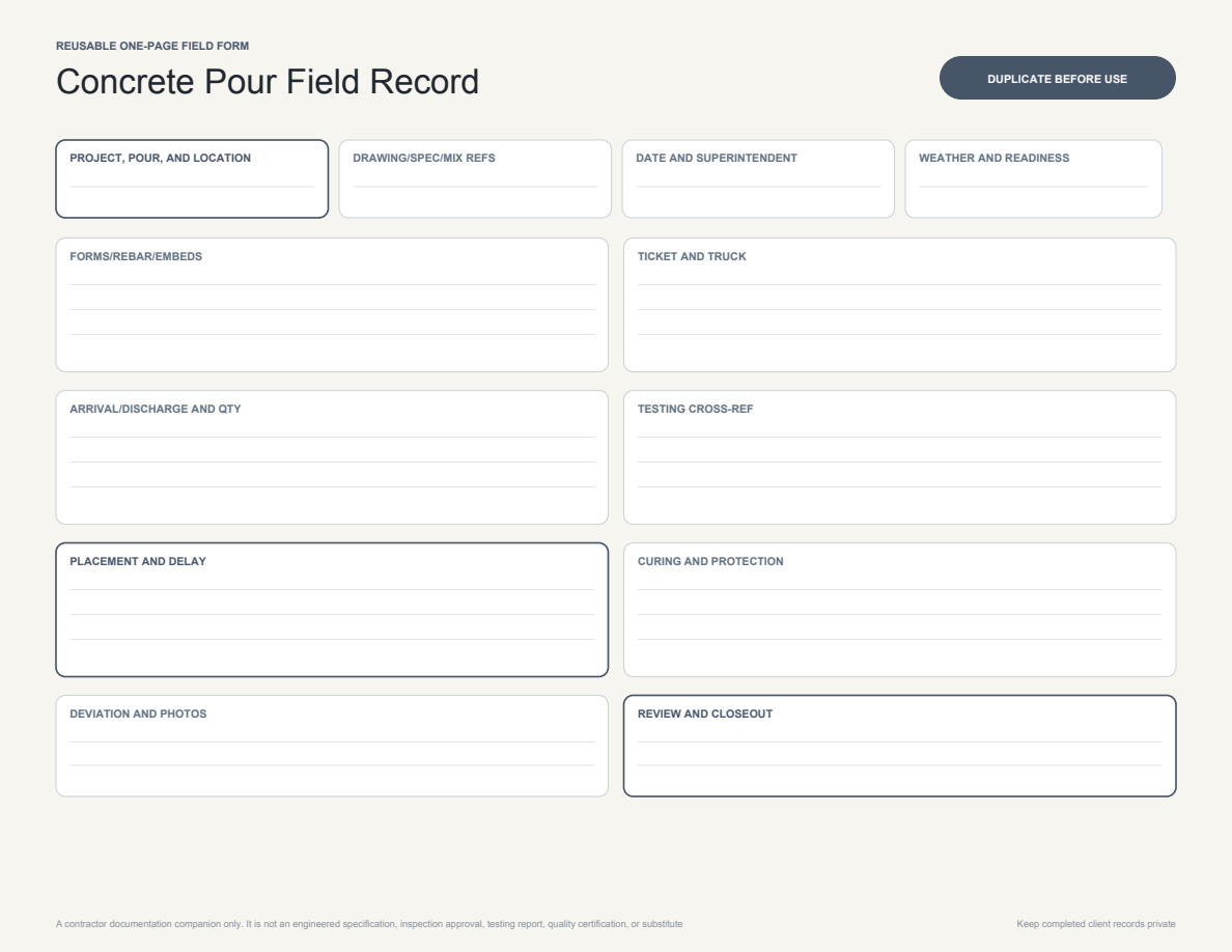 Concrete Pour Field Record page preview