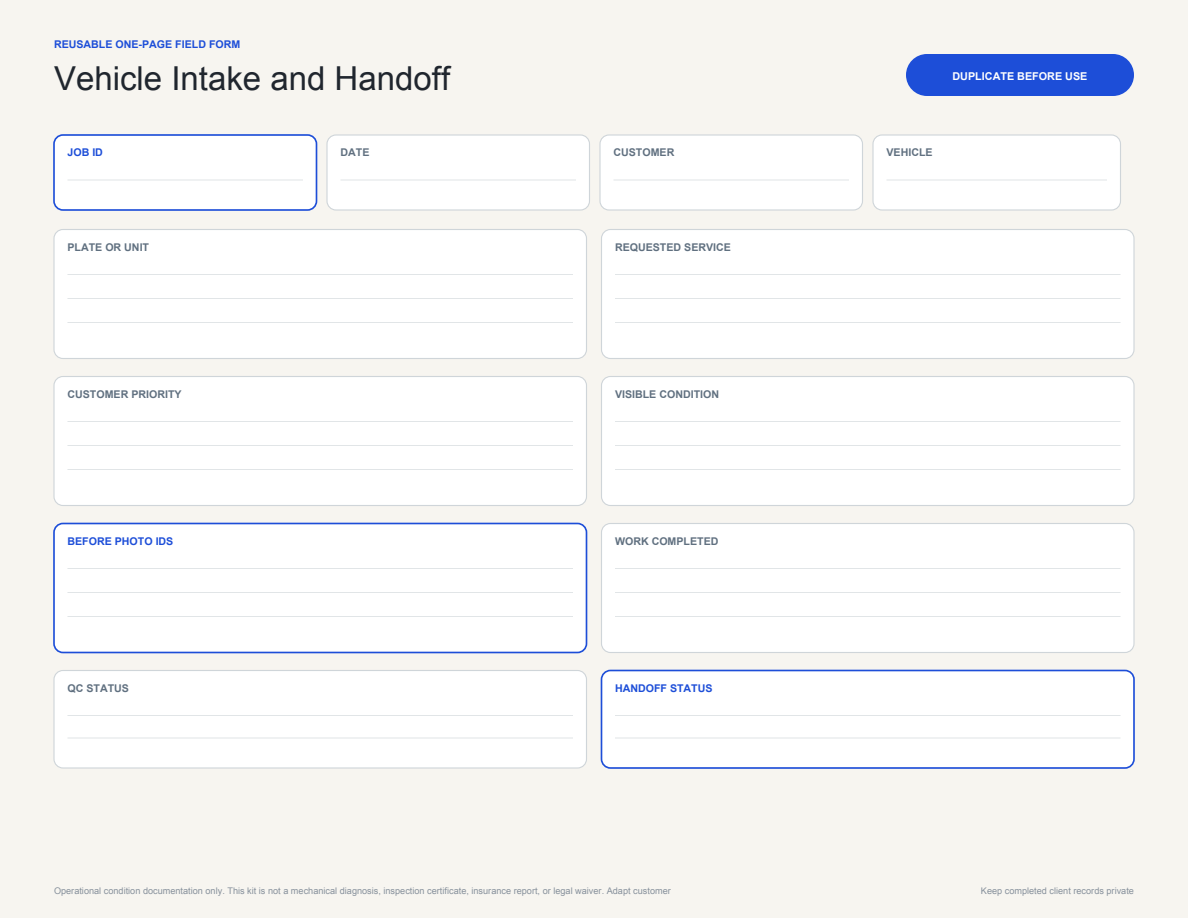 Vehicle Intake + Handoff page preview