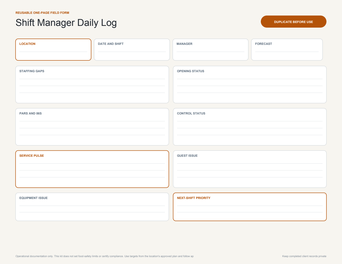 Restaurant Manager Shift Log page preview